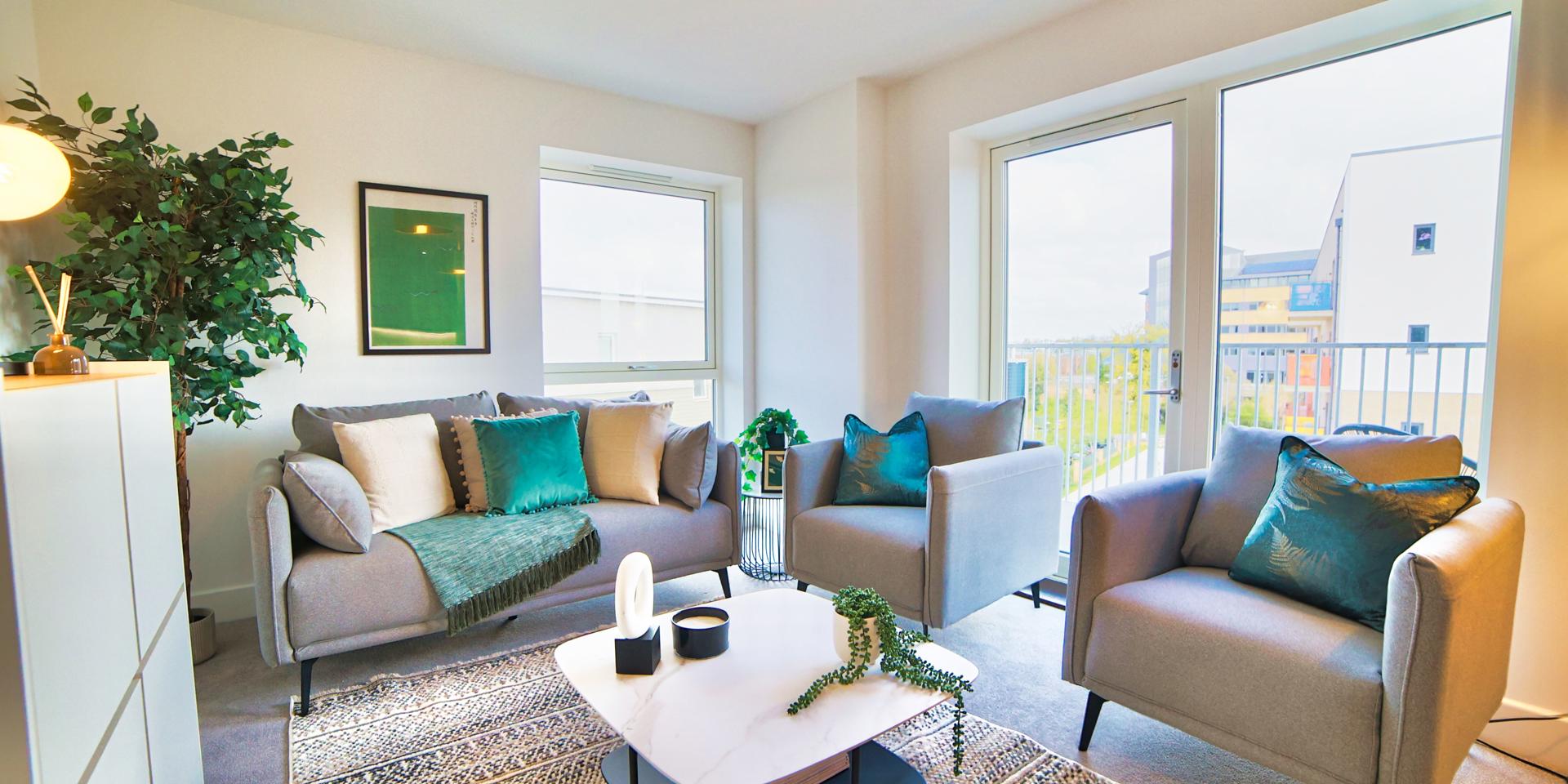 Spacious living room which is open plan with the dining area and kitchen