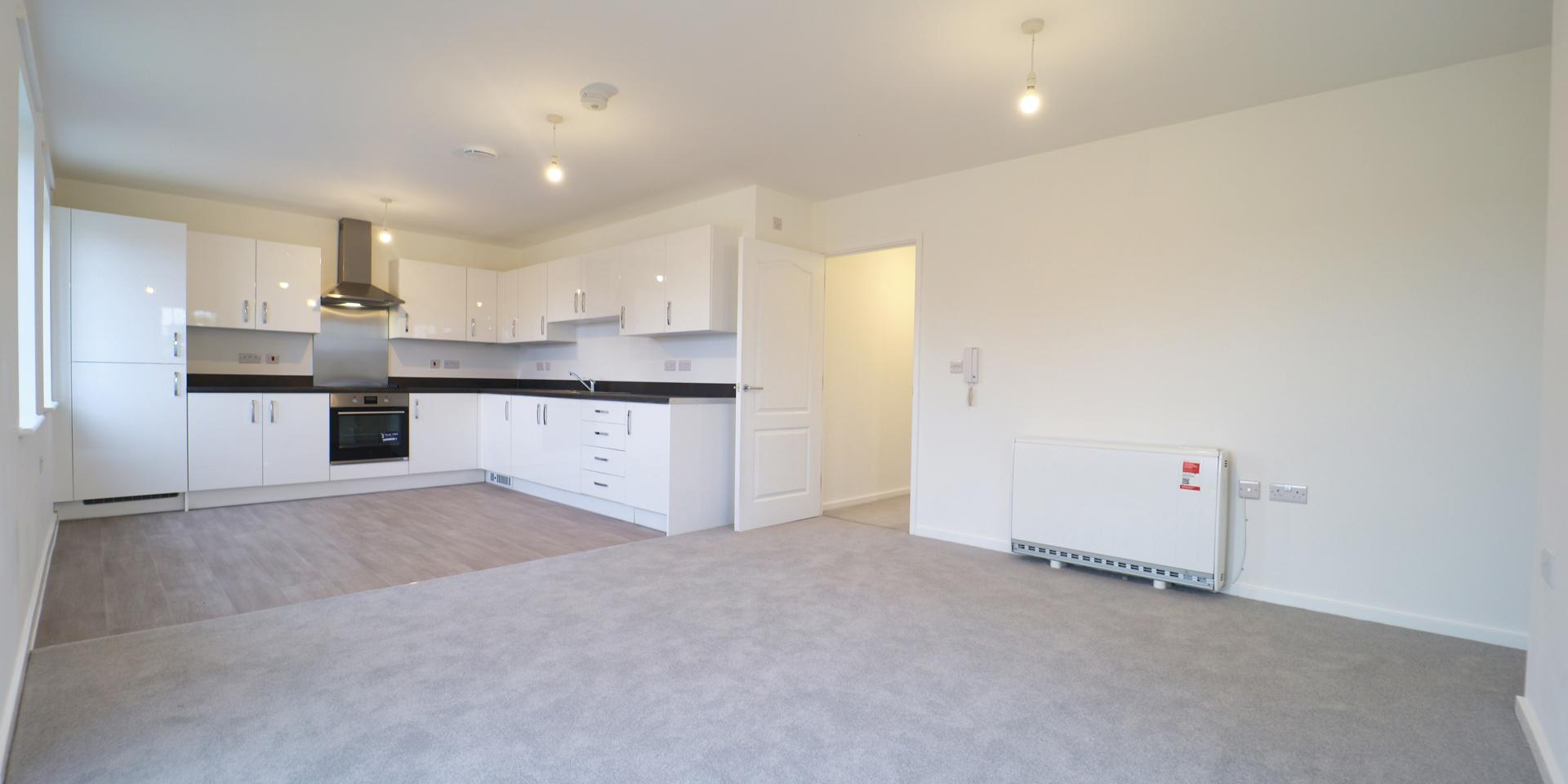 The door from the hallway leads into the living area which is carpeted in a light grey carpet